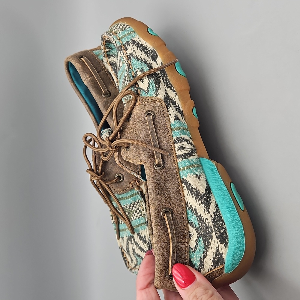 Twisted X Aztec Print & Leather Handcrafted Boat Shoe Driving Moccasins 8 - Picture 9 of 12
